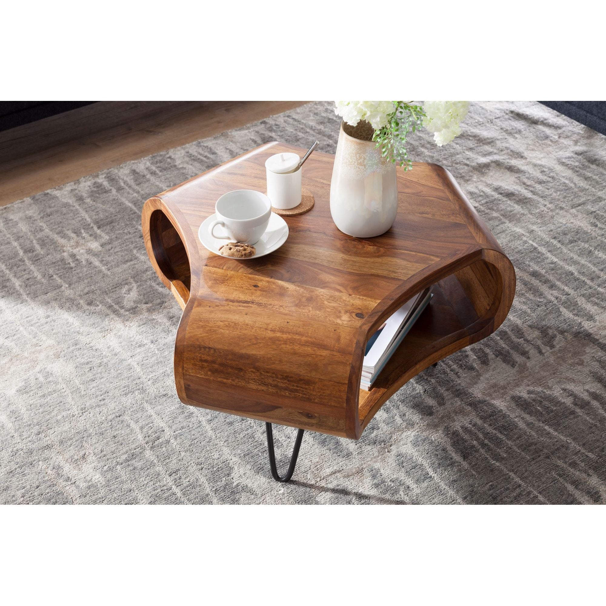 Table Basse FB51410 en Bois de Sheesham Massif 55 X 55 X 38 Cm avec Rangement & Cadre en Métal, Table de Salon Rétro en Bois Massif Brun, Table Basse Moderne en Bois, Table avec Compartiments pour Salon