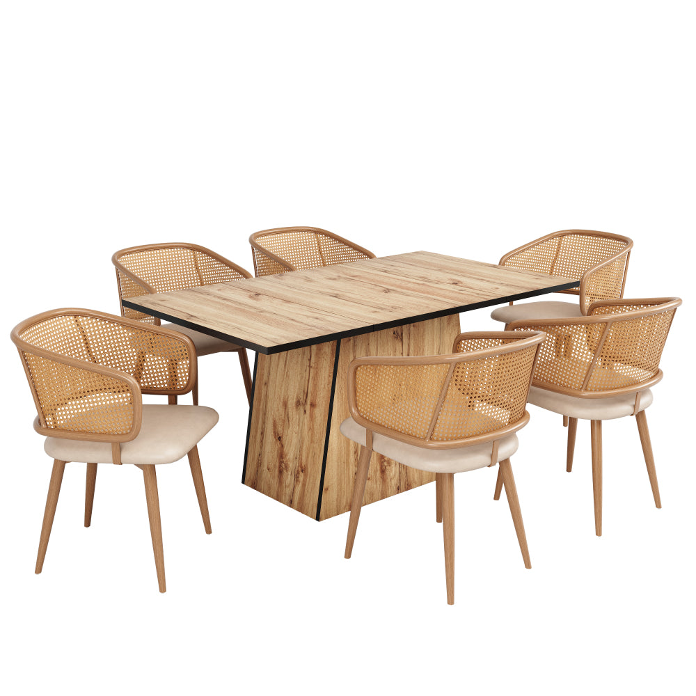 Creative Simple Dining Table And Chair Set (7pcs), Wood Grain Dining Table And Chair Set, Restaurant Dining Table And Chair Set, Conference Room Table And Chair Set, Negotiation Table And Chair Set, Unique Design, with 6 Rattan Back Chairs, PU Leather Wr