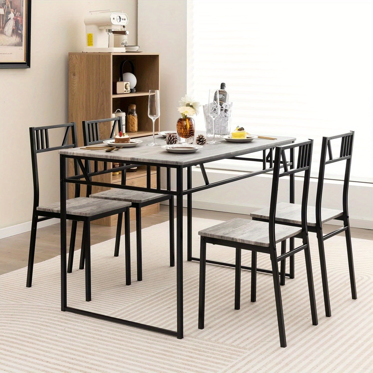 Ensemble de Table à Manger 5 Pièces, Table Industrielle avec Plateau en Simili Bois et Cadre Métallique & 4 Chaises