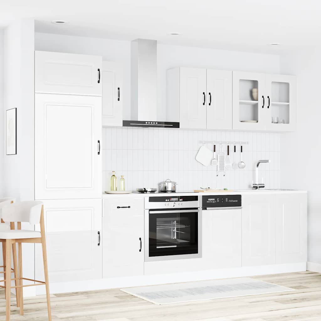 Ensemble de 8 pièces pour armoire de cuisine Kalmar | Meuble de cuisine moderne blanc brillant | Combinaison d'armoires en bois | Ligne de cuisine avec espace de rangement | Solution de rangement pratique pour la cuisine | Ensemble d'armoires de cuisine