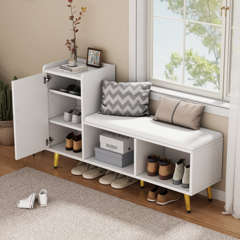 Armoire à chaussures d'entrée avec espace de rangement blanc brillant, 47,24 * 13,78 * 27 * 26,77 pouces (120 * 35 * 68,5 cm), étagère à chaussures, cadre de porte, étagère de sol, rangement multicouche avec sièges rembourrés doux, armoire, tabouret à ch