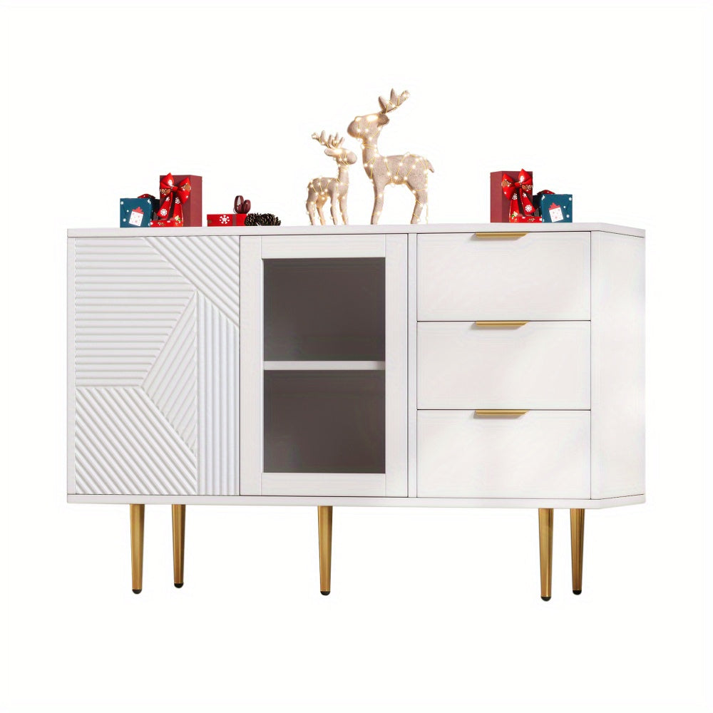 Organisateur d'entrée, commode à 3 tiroirs et 2 portes avec pieds métalliques et vitres, blanc, dimensions : 120 x 38 x 79,5 cm, répond à vos besoins de rangement et embellit votre vie !