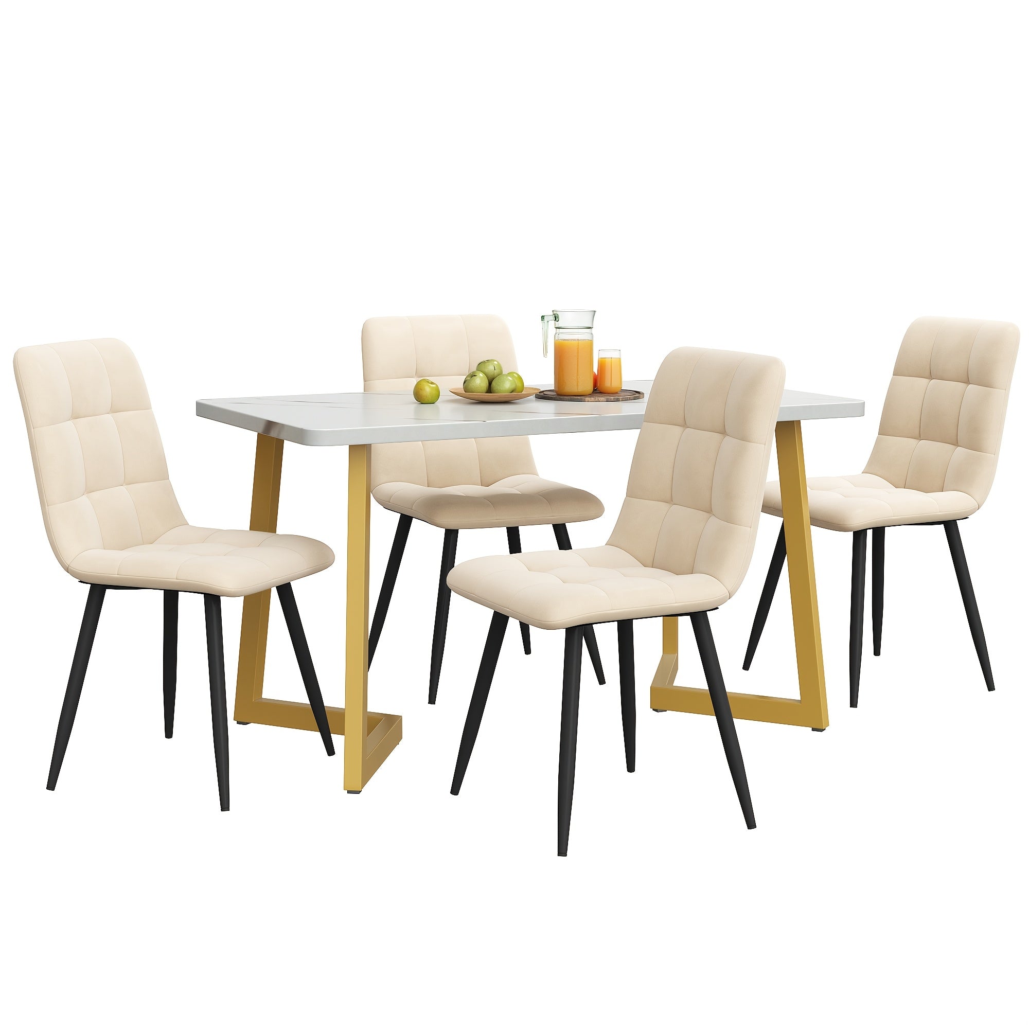 Ensemble de Table à Manger Moderne Blanc et Doré avec 5 Chaises Beige - Table Rectangulaire en Metal & Pieds Dorés, Chaises Rembourrées blanches Cadre Noir, Design Économiseur d'Espace pour Petits Espaces, Surface Facile à Nettoyer, Meuble Minimaliste Cu