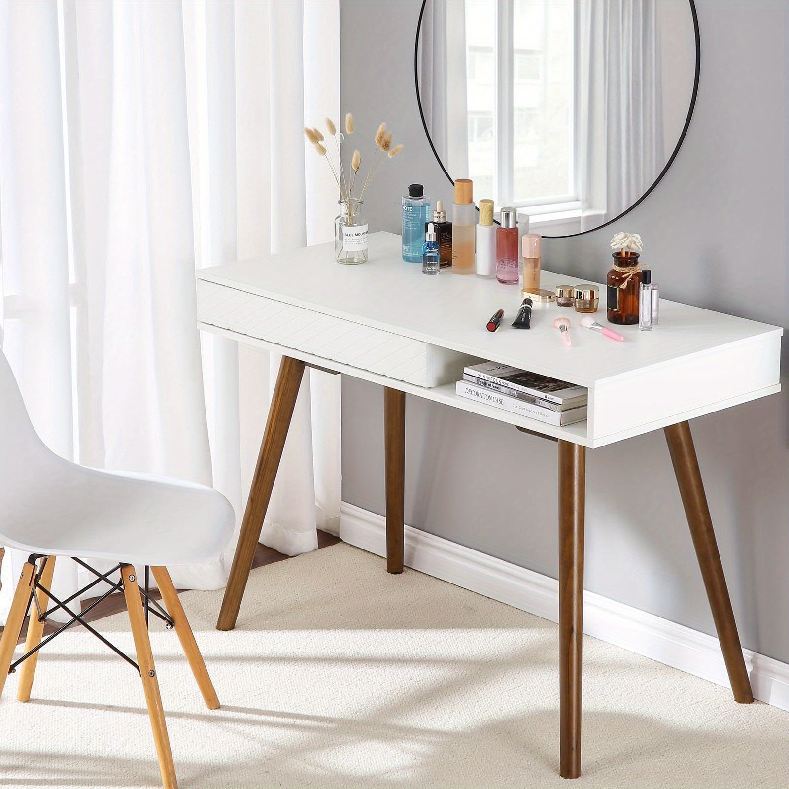 Bureau de bureau moderne minimaliste de 106,68 cm - Bureau d'ordinateur du milieu du siècle avec tiroir et rangement ouvert, cadre métallique blanc, hauteur de 68,58 cm, capacité de 3,2 pieds cubes, assemblage facile, conception peu encombrante pour la c