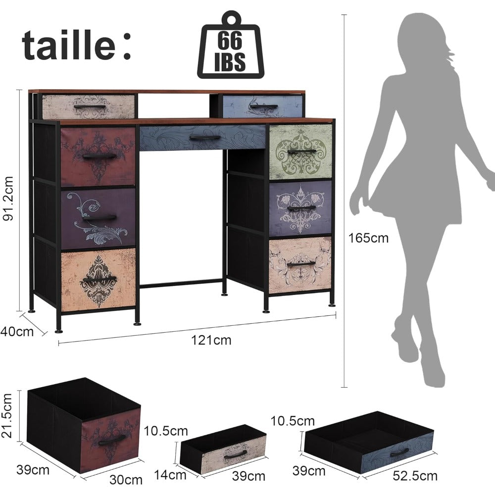 Coiffeuse pour Chambre, Commode à 9 Tiroirs, Plateau en Bois, Tiroirs en Tissu, Structure Métallique, Meuble de Rangement, Table de Maquillage avec Rangement, Tables de Maquillage pour Adultes, pour Salon, Chambre