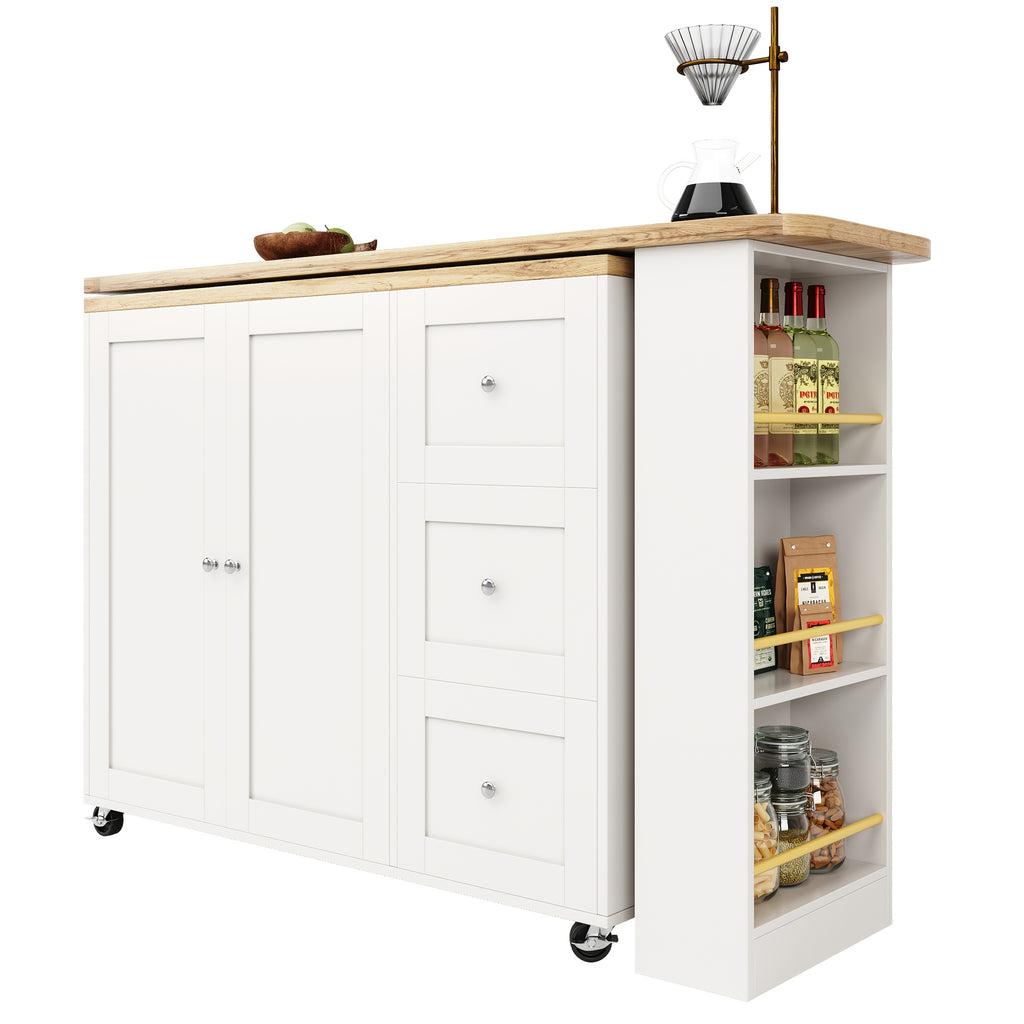 Ile de Rangement Mobile avec Table à Bar Rotative à 360° & 3 Tiroirs - Îlot de Cuisine en Bambou Blanc avec Support à Snacks, Roulettes pour une Mobilité Facile, Conception Peu Encombrante pour Petits Espaces, Meubles Modernes pour Cuisine & Salon, Haute
