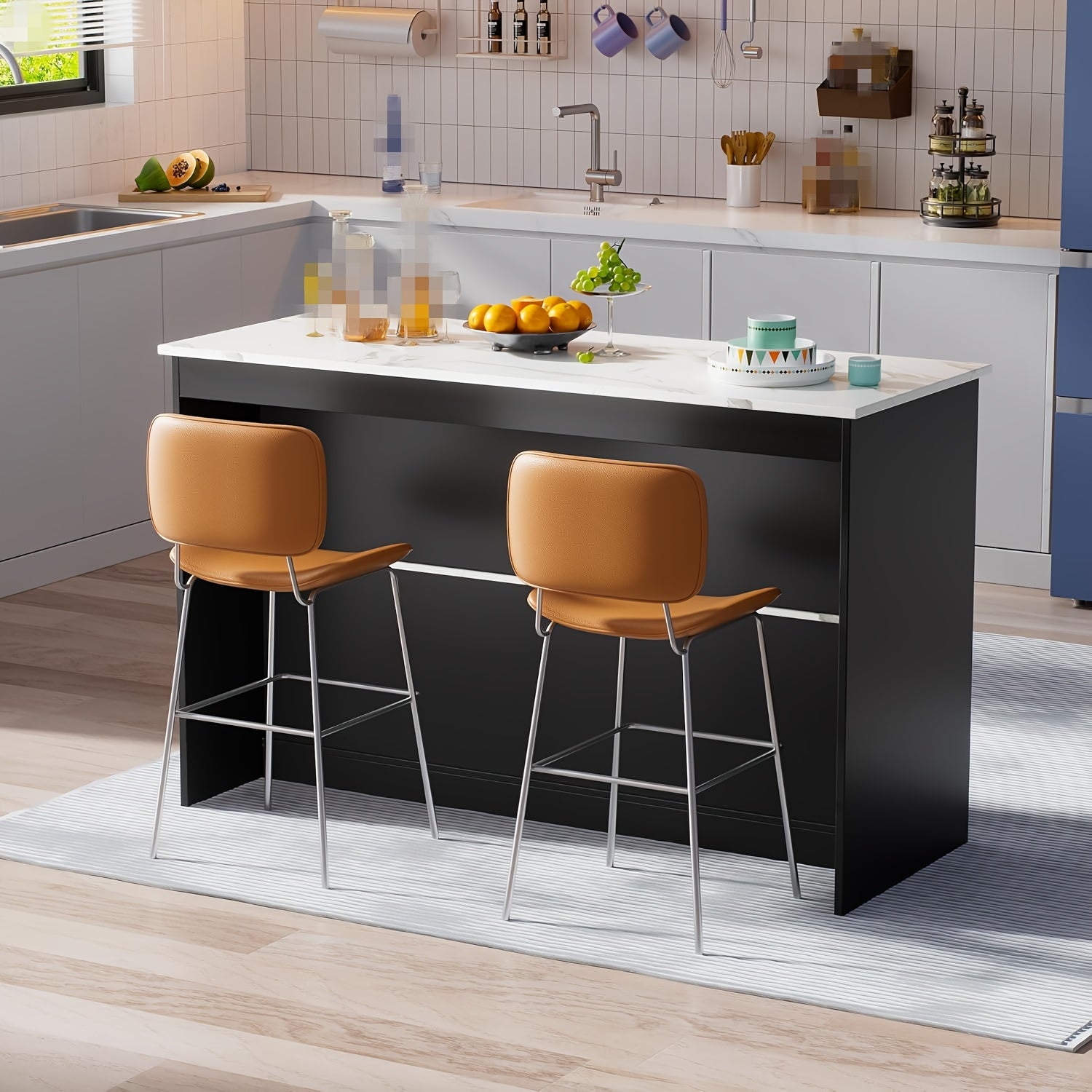 Ile de cuisine moderne style marbre avec comptoir et meubles de rangement - Construction robuste en bois franc, surface aspect marbre, poste de travail spacieux avec étagère basse et meubles surélevés, conception sur pied pour cuisine et salle à manger