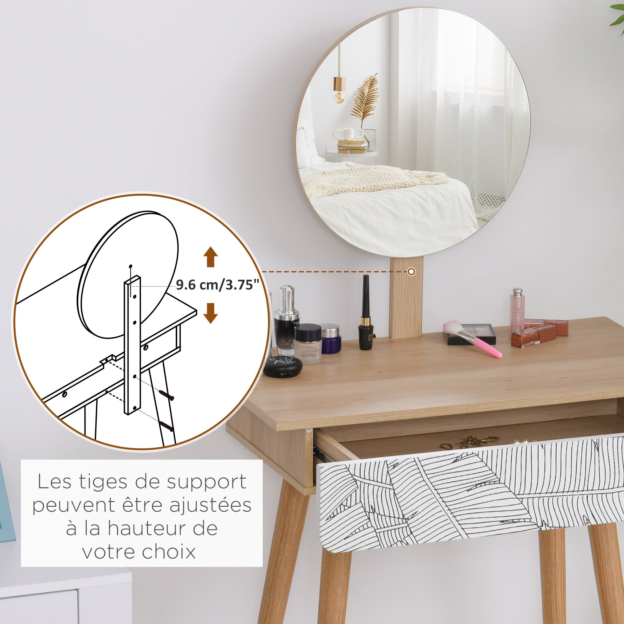 Table de Toilette HOMCOM au Design Scandinave, avec Tiroir et Grand Miroir, Dim. 70 x 39 x 119-128 cm