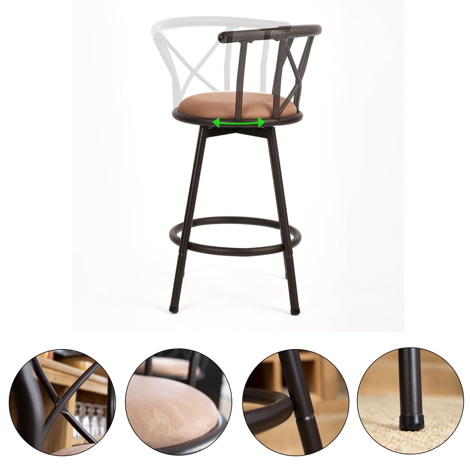 MEUBLE COSY 4pcs-Tabourets de Bar Vintage avec Repose-Pieds, Chaises de Cuisine en Bois de Cerf, Rotation à 360 degrés avec Dossier, Siège Rembourré de 63cm de Hauteur, Pieds en Métal, pour Cuisine, Salon et Bar, 56.5x40x85cm, marron