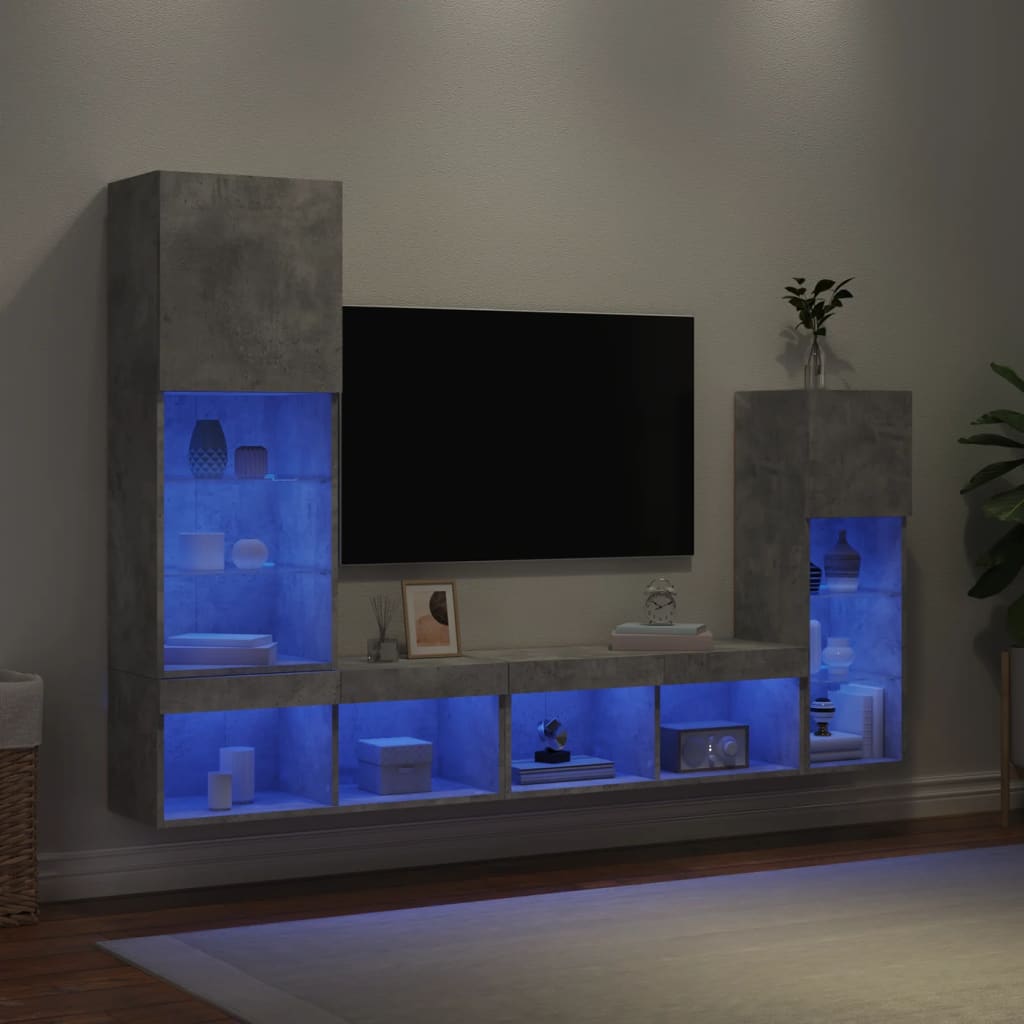 Ensemble de 4 meubles muraux TV modernes avec éclairage LED, finition gris béton, étagères en bois d'ingénierie, centre de divertissement pour salon, meubles de rangement, support TV mural, mobilier de maison contemporain, console multimédia élégante