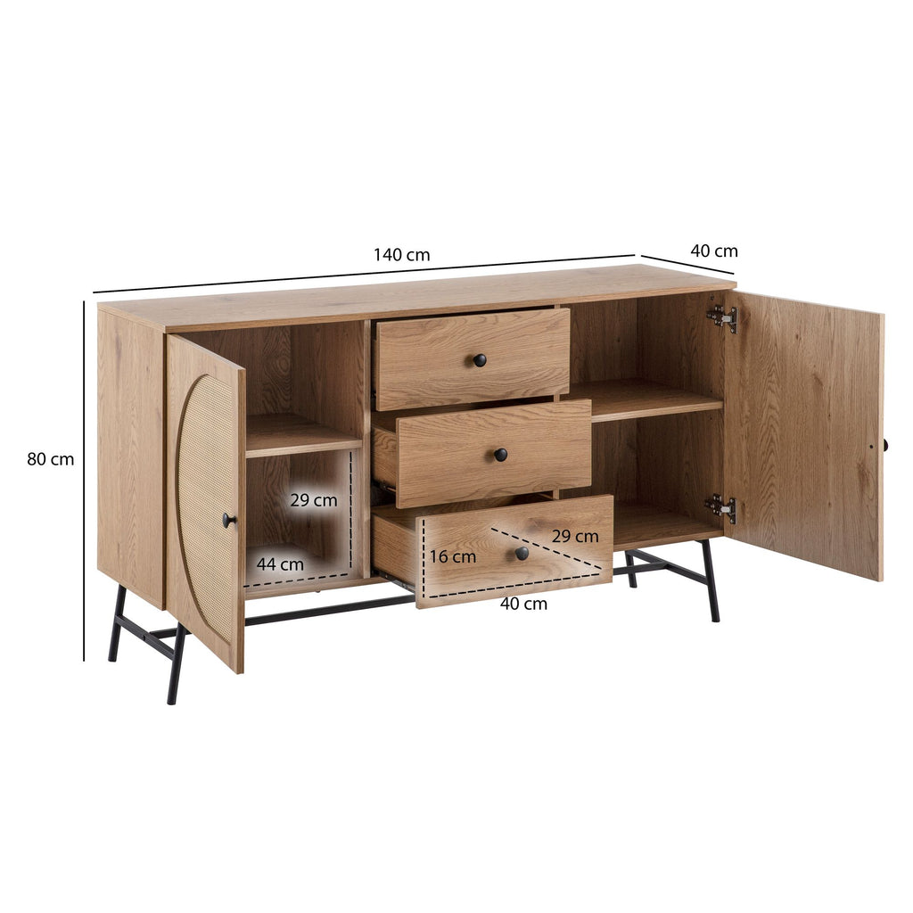 Buffet Décoratif en Chêne, 140 cm, Commode à 2 Portes et 3 Tiroirs avec Design Tressé en Rotin Vienne