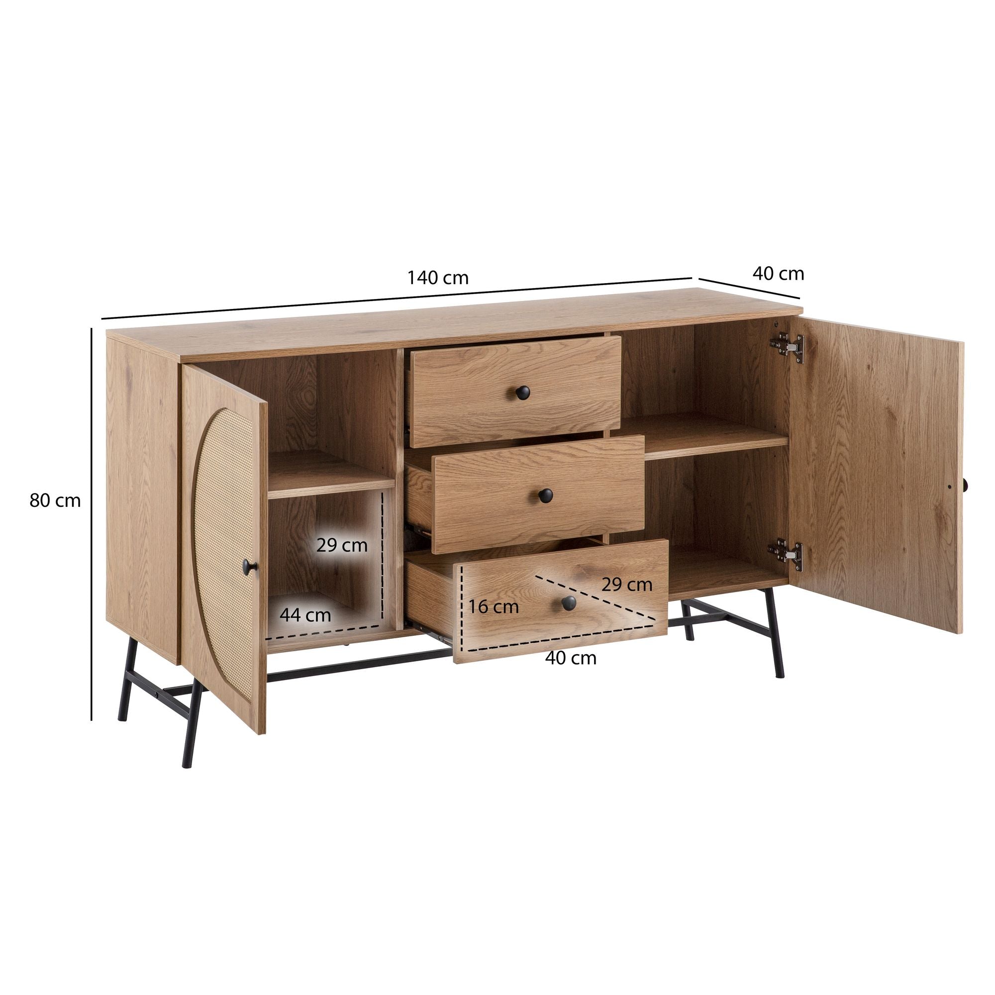 Buffet Décoratif en Chêne, 140 cm, Commode à 2 Portes et 3 Tiroirs avec Design Tressé en Rotin Vienne