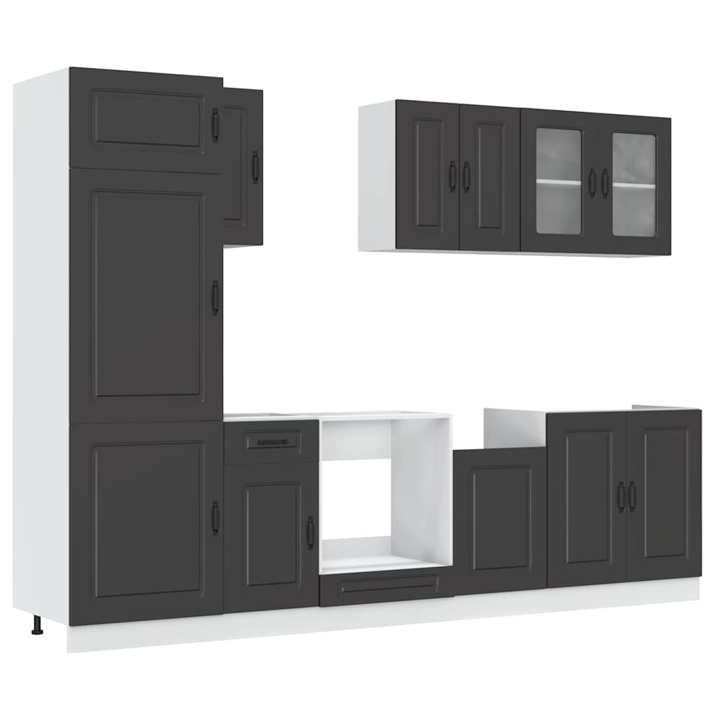 Ensemble de 8 pièces de meubles de cuisine Kalmar imitation bois noir - Étagère de cuisine moderne avec tiroirs et portes, ensemble de meubles de cuisine brillant, solution de rangement pour cuisine, salon cuisine et garde-manger, accessoires de cuisine