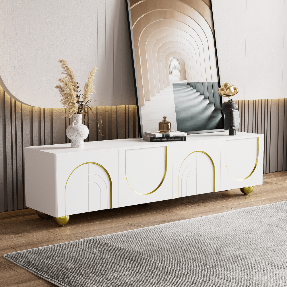 Meuble TV bas blanc moderne avec portes à ouverture (170X38X44 Cm) - Arches dorées et devanture structurée, 4 portes + étagères - pour les télévisions de 50 à 59 pouces