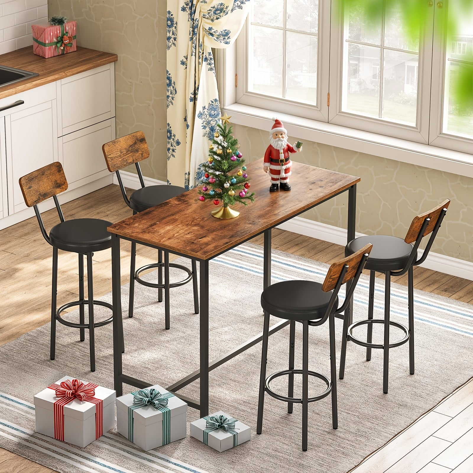 Ensemble de 2 tabourets de bar avec dossier, coussinets en cuir synthétique, tabouret de pied, adapté pour la cuisine, le salon, le bar, facile à assembler, brun et noir rétro