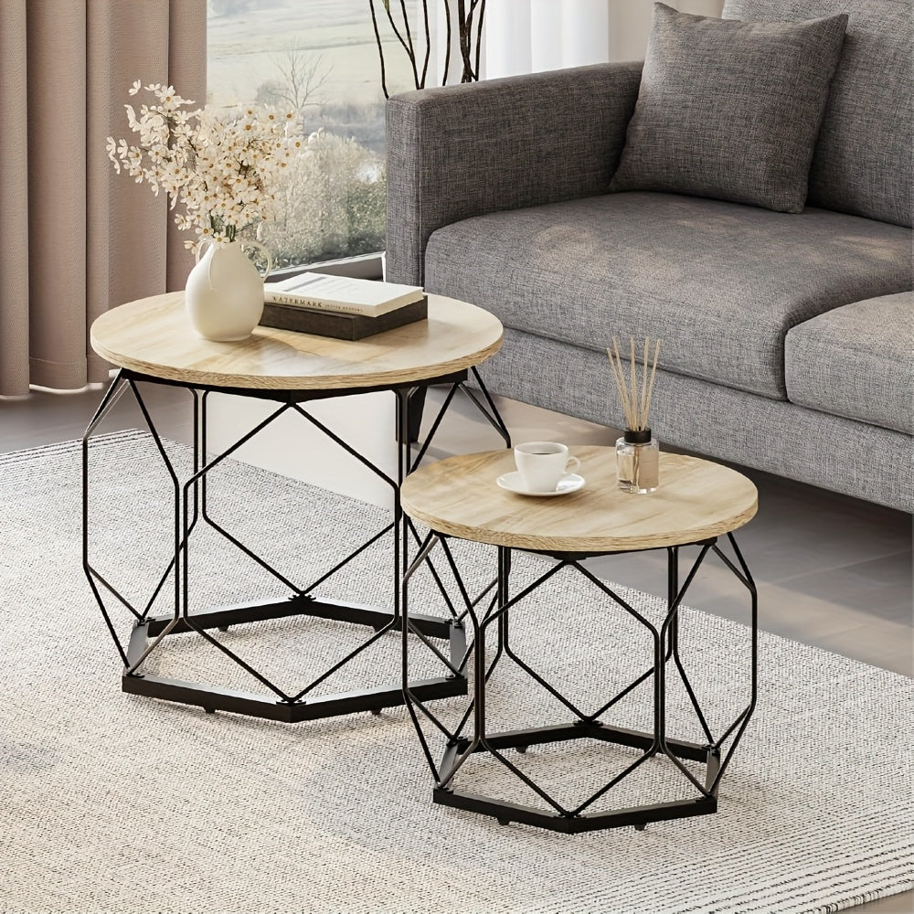 2pièces Table à Thé, Table à Café, Table à Thé de Salon avec Dessus Rond, Table à Café Rond avec Cadre en Métal, Convient pour le Salon et la Chambre