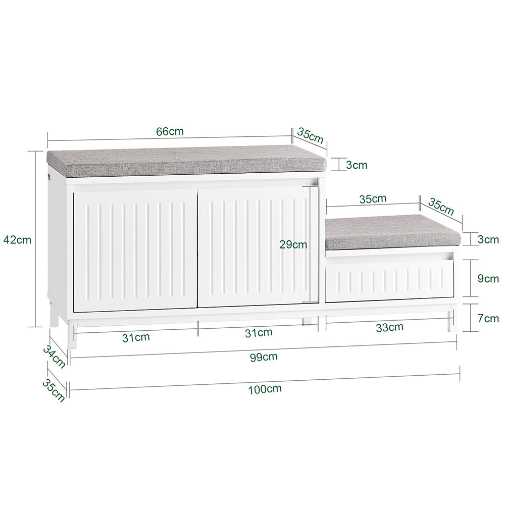 SoBuy FSR172-W Banc de Rangement à Chaussure, Meuble d'entrée, Meuble à Chaussures pour Enfants, Armoire à Chaussures avec 2 Coussins, 2Portes et 1 Tiroir, Blanc, L100xP35xH42 cm