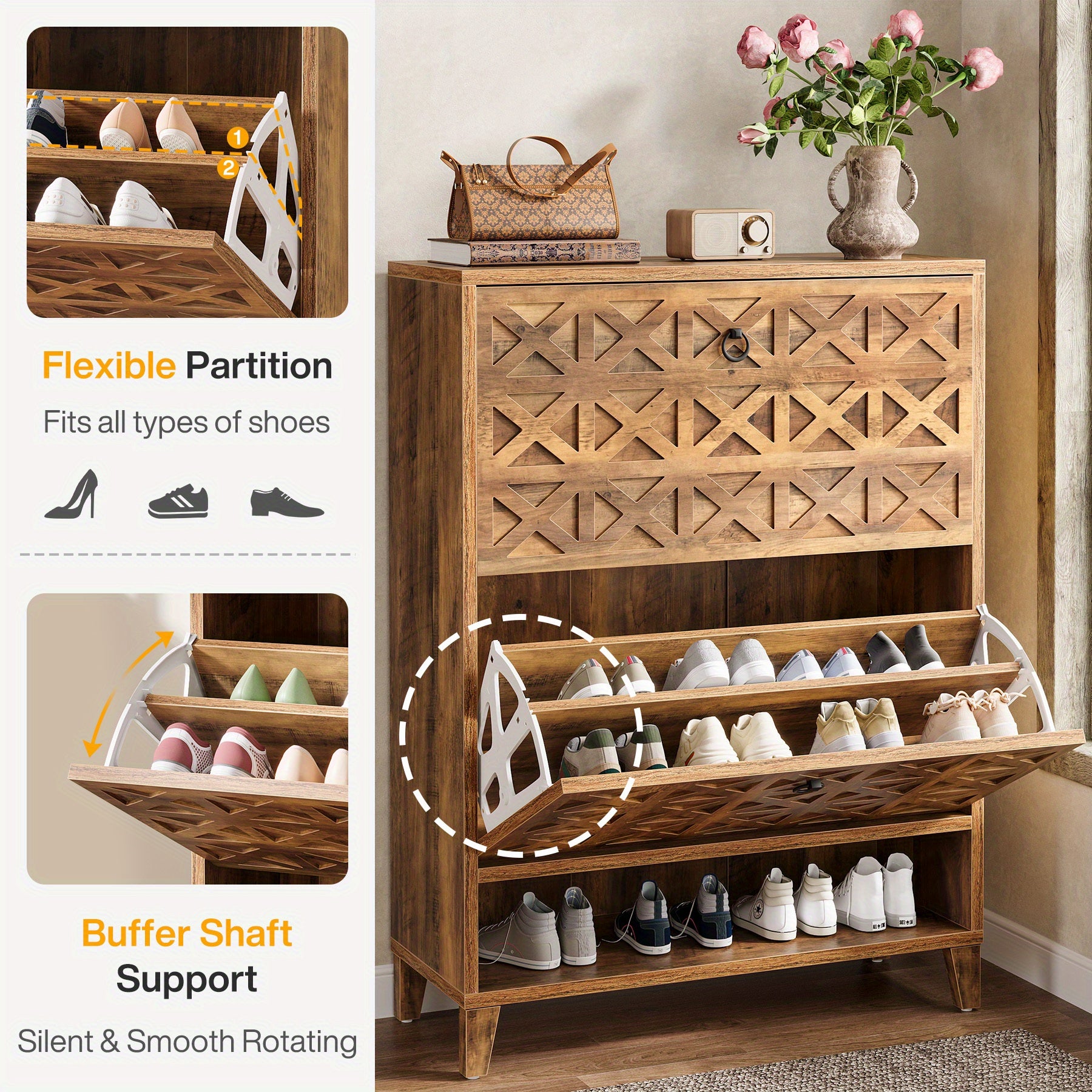 2 Tiroirs de rangement pour chaussures autoportant avec étagères ajustables - Organisateur de petite entrée, construction en bois d'ingénierie, design moderne peu encombrant avec tiroirs pliables et étagères à rotation lisse, armoire à chaussures autopor