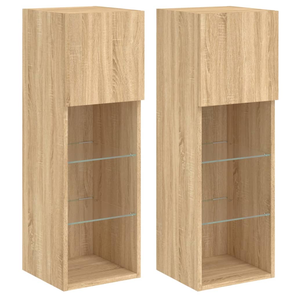 vidaXL Meubles TV mural 2 pièces chêne sonoma 30,5x30x90 cm avec lumières LED RVB espace de rangement pour salon divertissement support DVD récepteur