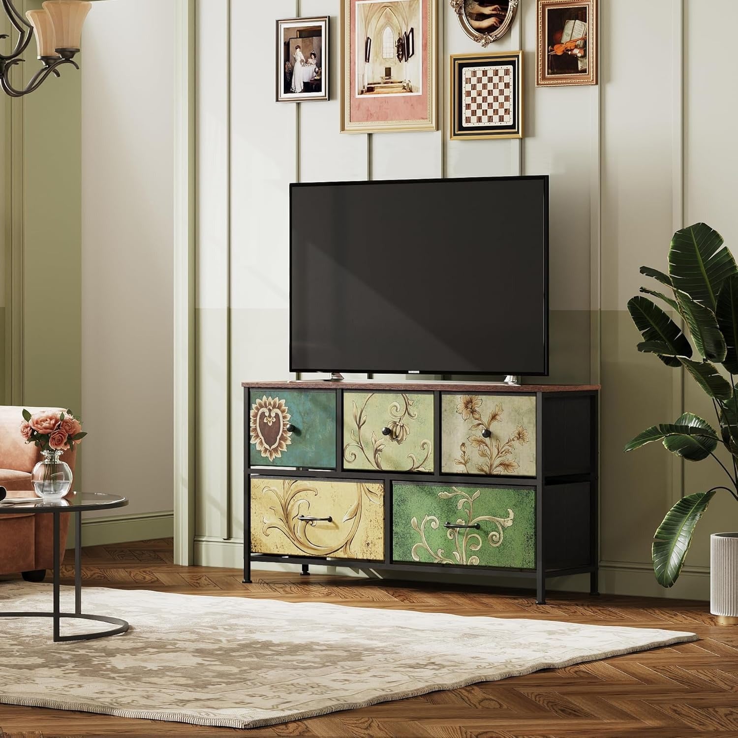 Commode à 5 tiroirs - Buffet bohème avec tiroirs en tissu - Structure en métal - Plateau en bois - Meuble TV - Armoire à tiroirs pour salon, chambre à coucher, couloir