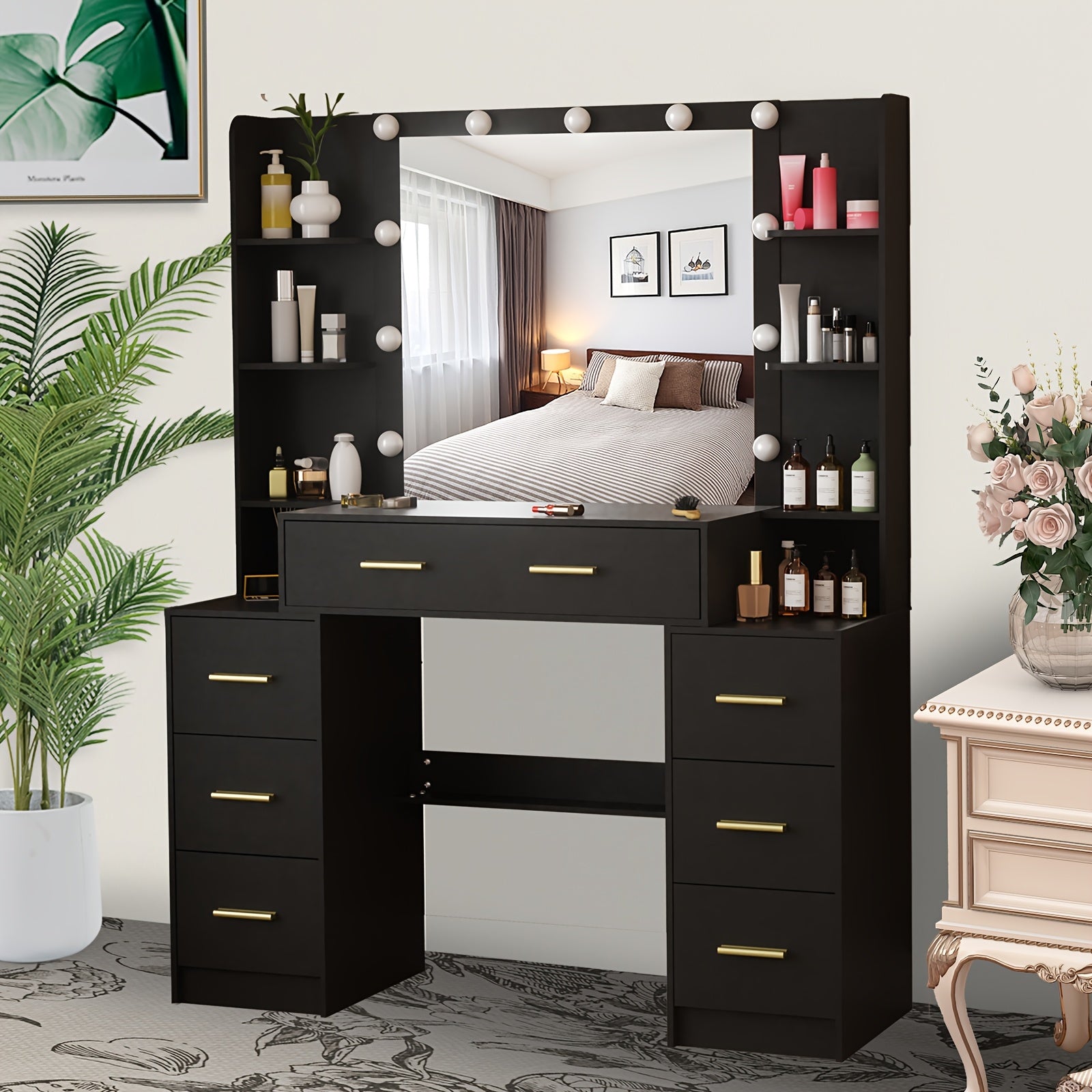 Table de Maquillage Moderne pour Femmes avec Miroir LED 11 Lumières et Armoire à 7 Tiroirs - Table d'Appoint en Bois Massif, Poignées Dorées, Ampoules Blanches, Coiffeuse Autoportante Luxe Léger (Assemblage Requis), Coiffeuse  Petite Coiffeuse d'Angle, C