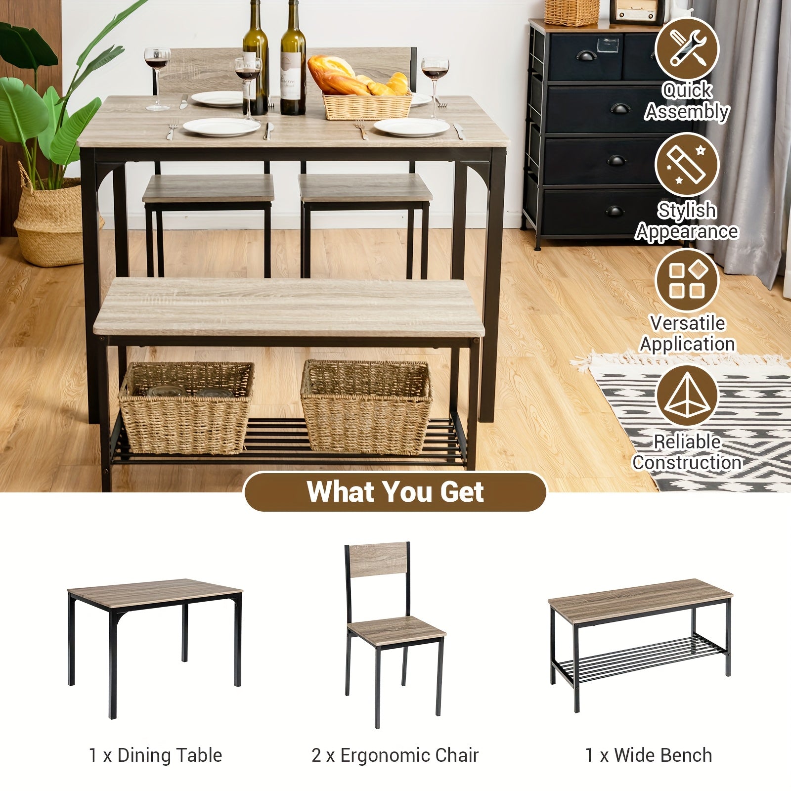 Ensemble de table et chaise de salle à manger 4 pièces, ensemble de table de réunion industrielle avec 2 chaises et 1 banc, ensemble de cuisine peu encombrant avec cadre en métal et étagère de rangement, ensemble de bureau fonctionnel moderne pour le tra