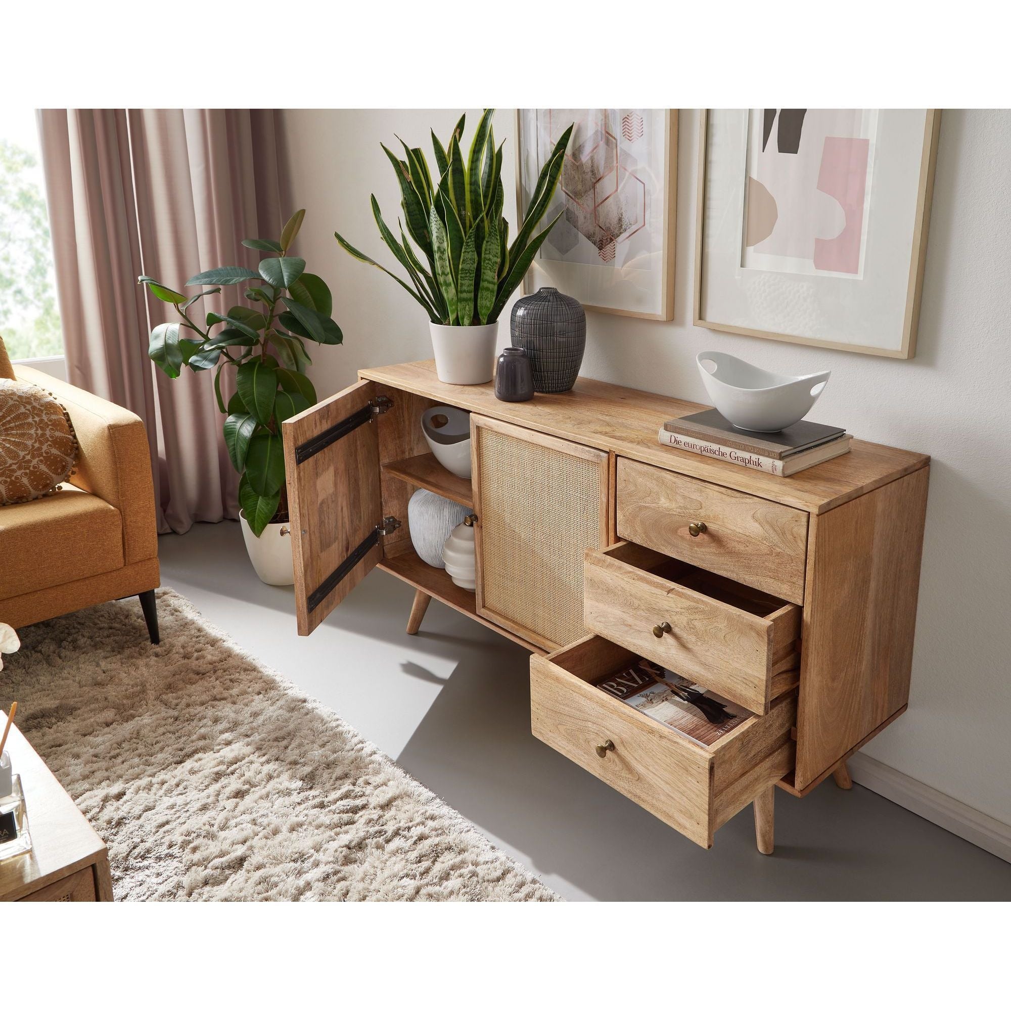 Buffet en Bois Massif 140cm avec 3 Tiroirs en Rotin Tressé Vienne et 2 Portes, Design Mango