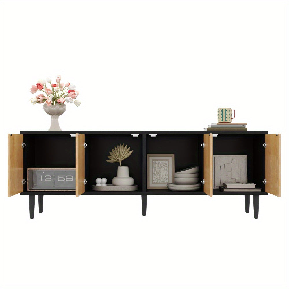 Armoire TV noire moderne 150 x 38 x 55 cm, basse en bambou, meuble TV avec espace de rangement