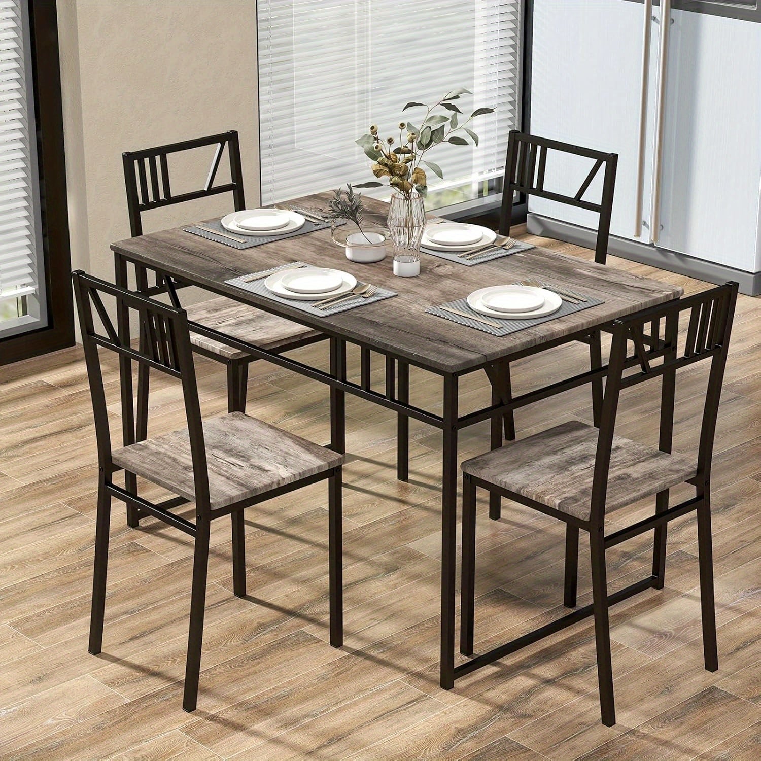 Ensemble de Table à Manger 5 Pièces, Table Industrielle avec Plateau en Simili Bois et Cadre Métallique & 4 Chaises