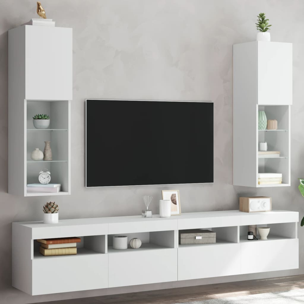 vidaXL Meubles TV mural 2 pièces blanc 30,5x30x102 cm avec lumières LED RVB espace de rangement robuste en bois d'ingénierie pour salon divertissement
