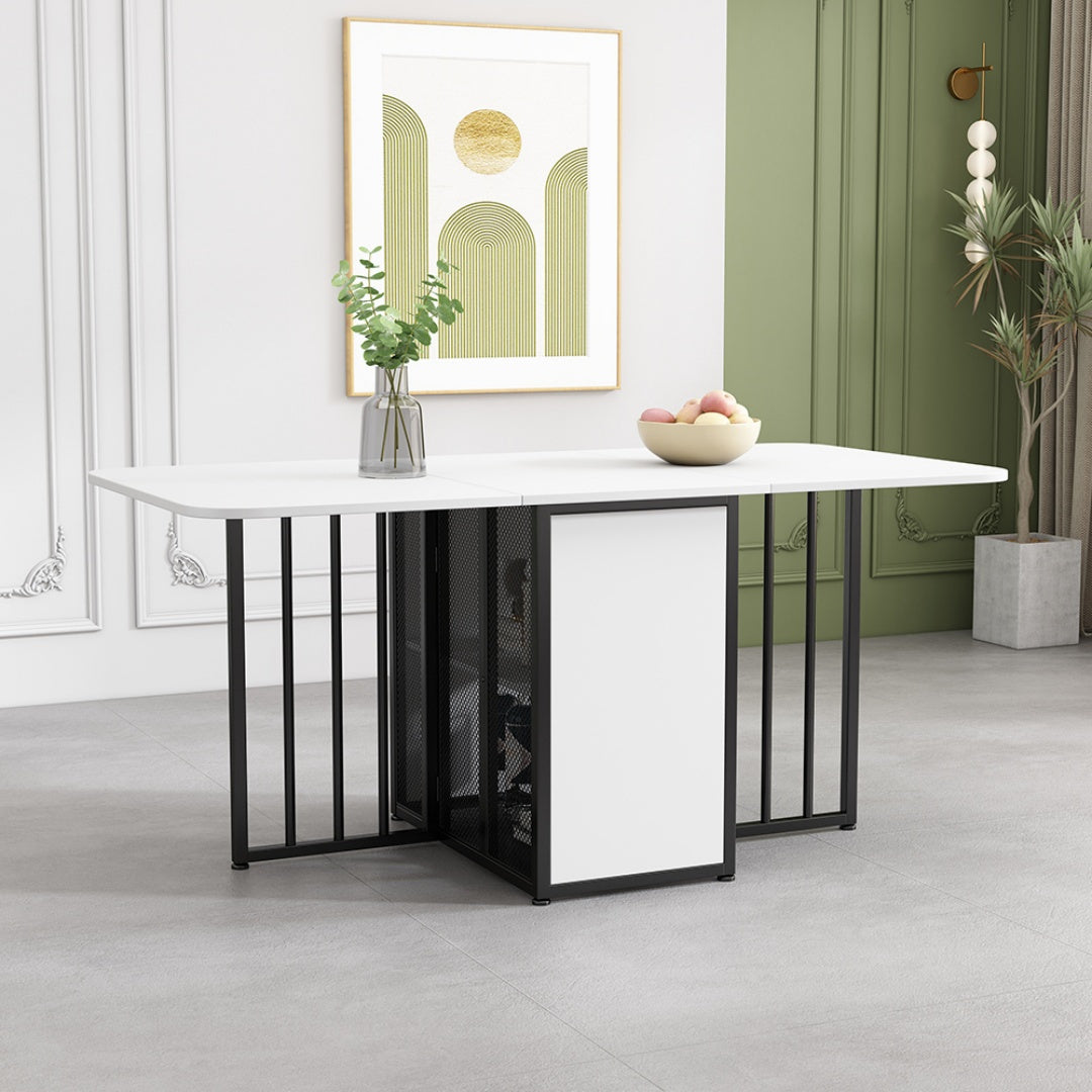 Table à Manger Pliable Extensible Multifonction avec Rangement Mobile 3 Formes 160 x 70 x 75 cm (Blanc+Noir)
