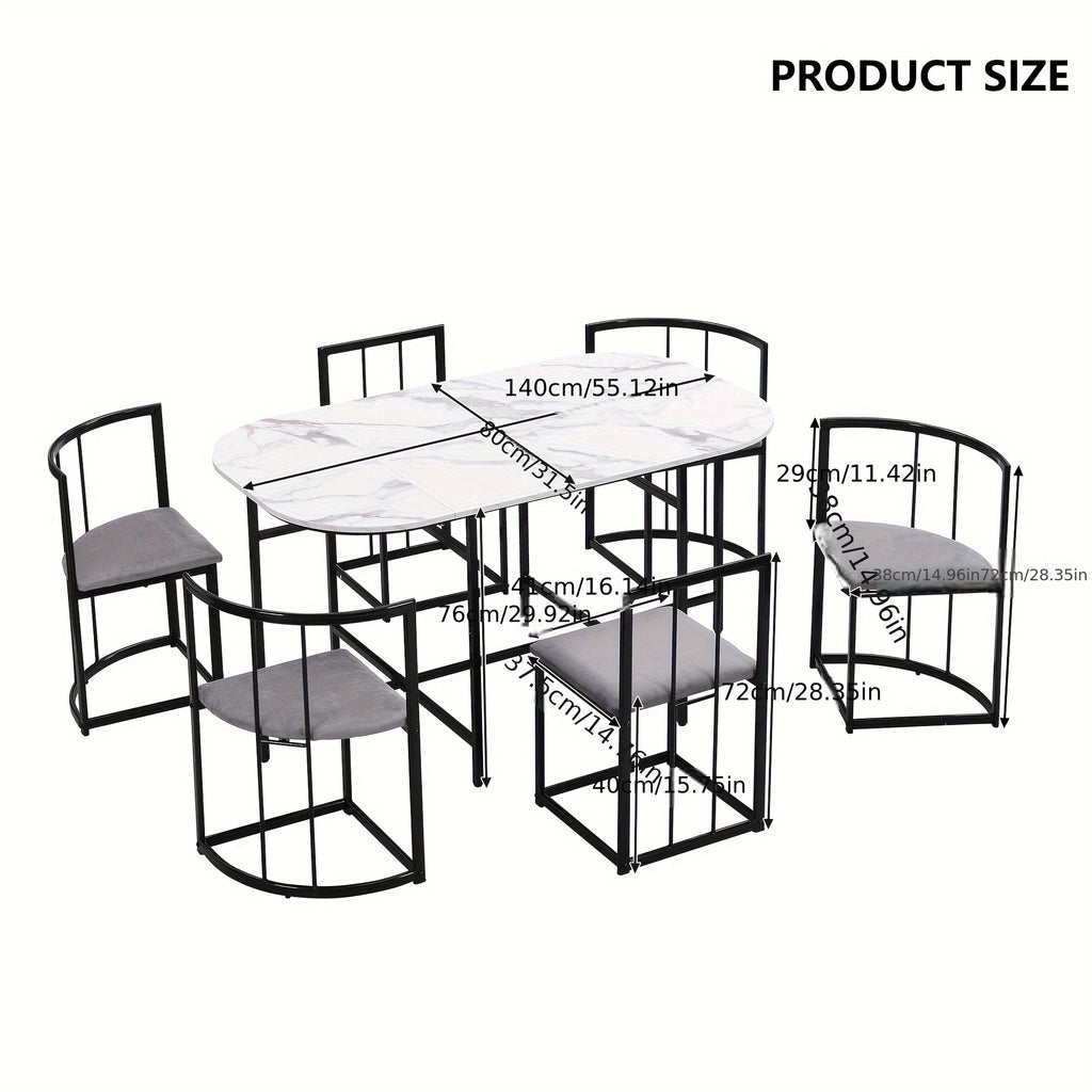 Ensemble de table à manger, six chaises : table blanche avec dossiers et coussins gris sur cadre en fer noir, ensemble moderne pour salle à manger