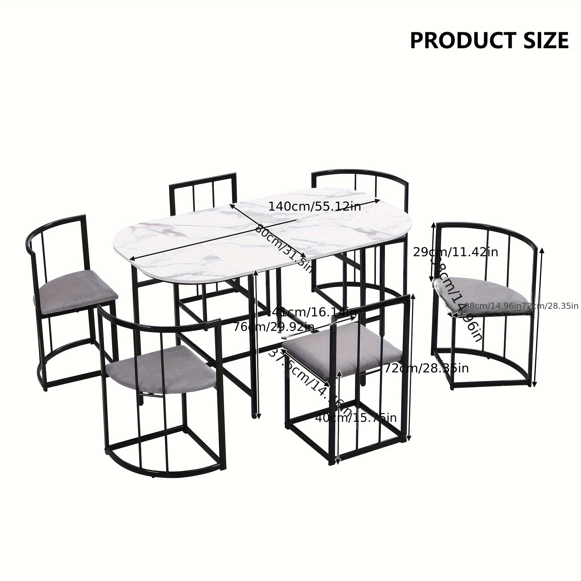 Ensemble de table à manger, six chaises : table blanche avec dossiers et coussins gris sur cadre en fer noir, ensemble moderne pour salle à manger