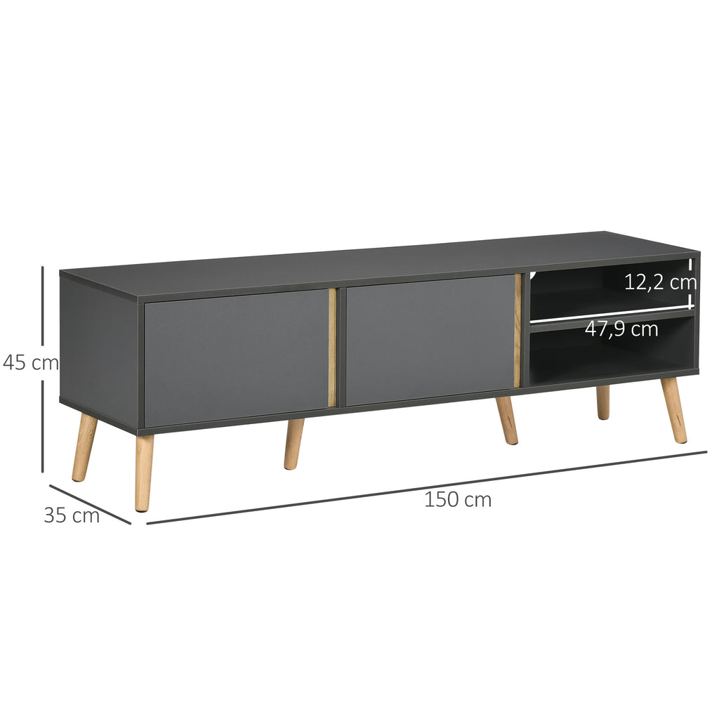 HOMCOM Meuble TV banc TV pour télévision jusqu'à 55 pouces design scandinave 2 portes 2 niches avec passe-câbles 150 x 35 x 45 cm gris foncé