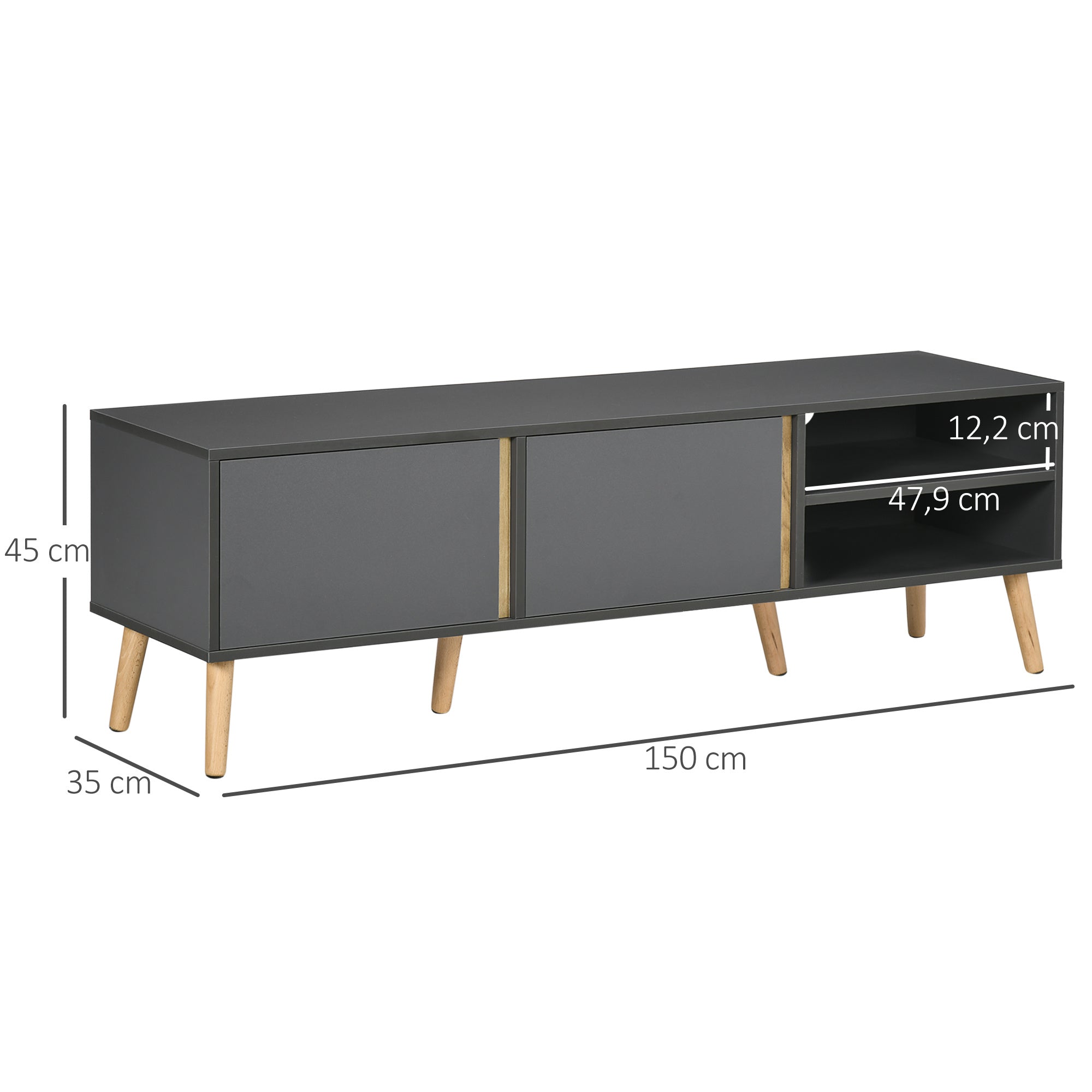 HOMCOM Meuble TV banc TV pour télévision jusqu'à 55 pouces design scandinave 2 portes 2 niches avec passe-câbles 150 x 35 x 45 cm gris foncé