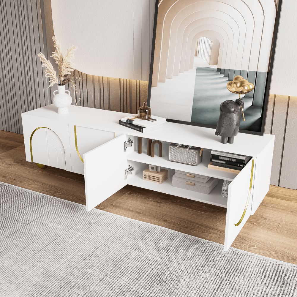 Meuble TV bas blanc moderne avec portes à ouverture (170X38X44 Cm) - Arches dorées et devanture structurée, 4 portes + étagères - pour les télévisions de 50 à 59 pouces