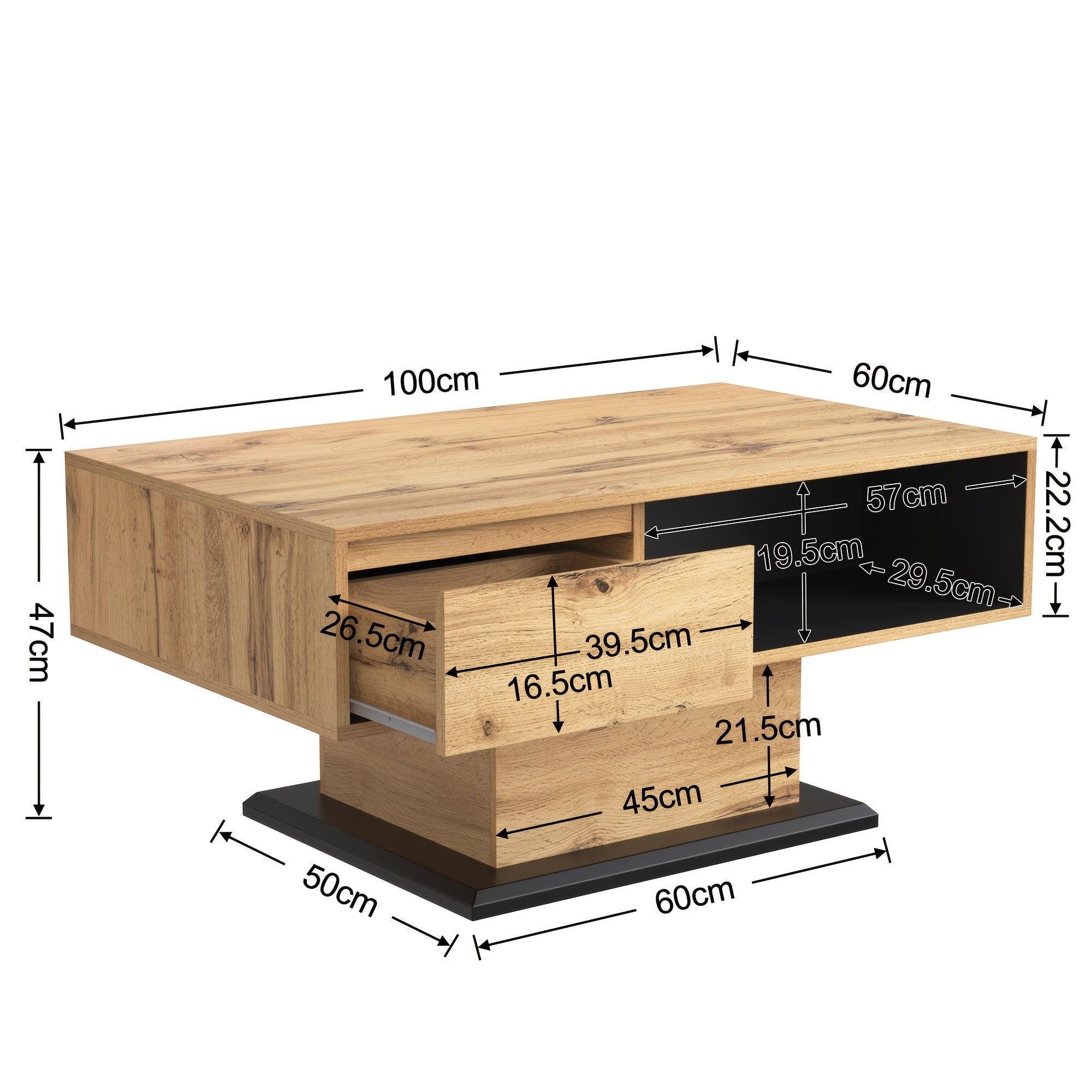 Table Basse Moderne avec Grand Rangement - Tiroir Sans Poignée, Compartiment Avant Ouvert & Organisateur Double Face Arrière - Construction Métallique Robuste, Montage Facile pour Salon/Bureau - Table de Canapé Économiseuse d'Espace pour Petits Apparteme