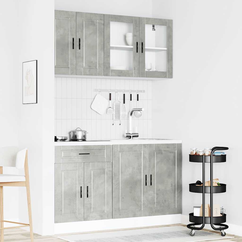Ensemble de 4 meubles de cuisine "Porto" en bois d'ingénierie gris béton Armoire，Buffet，Tiroir(s) Meuble Grand espace de rangement avec multiples composants ; Anti-graisse / anti-humidité et étanche ; Montage facile ; Matériaux durables et robustes, sans