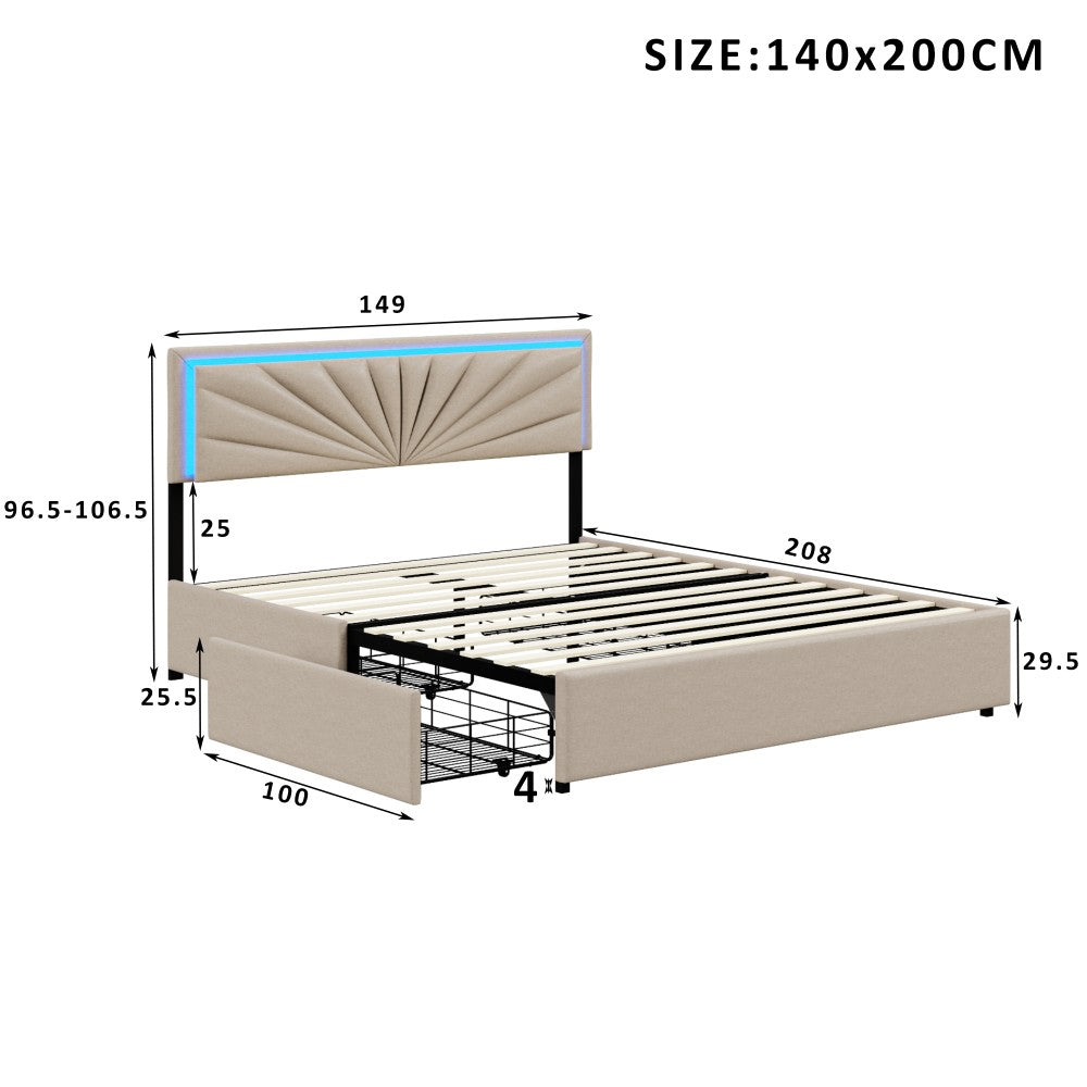Lit double universel, lit tapissé universel avec éclairage LED et 4 tiroirs, sommier à lattes en bois, cadre de lit coffre 160x200 cm beige, YCZ dwasd