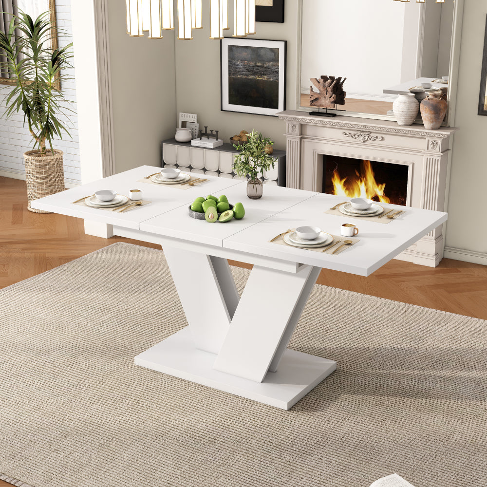 120/160X80Cm Table à manger télescopique blanche de style nordique minimaliste, peut être étendue pour accueillir 4-6 personnes lorsqu'elle est dépliée, plateau de table épaissi, jambes en métal en forme de V, table à manger pliante moderne, table à mang