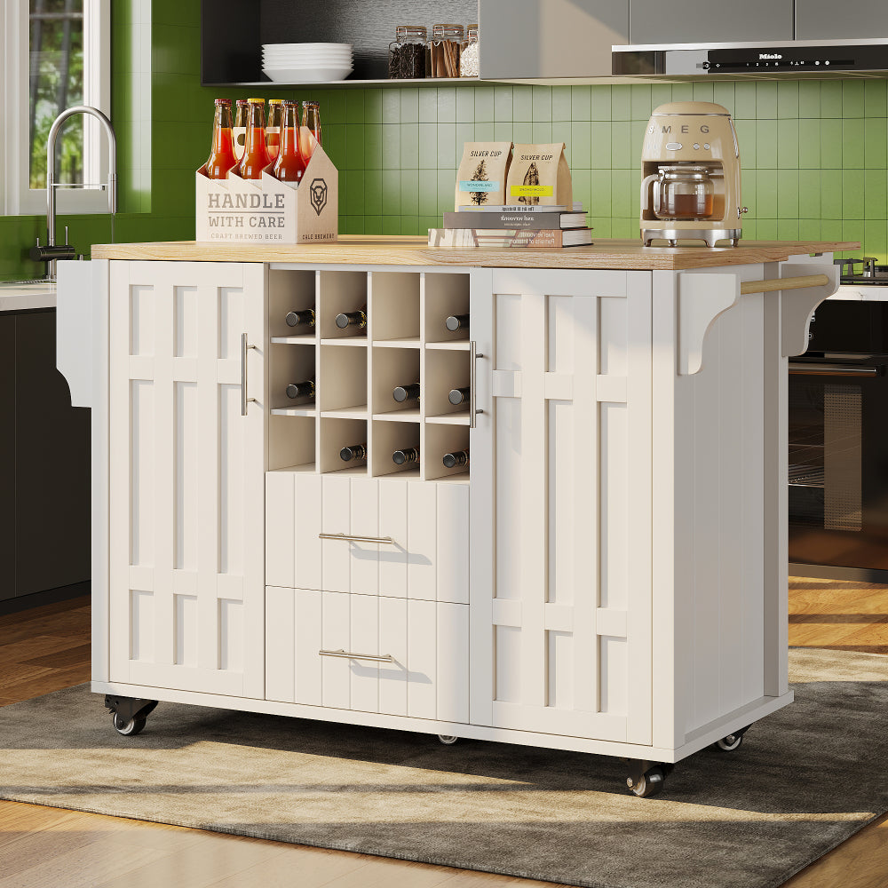 Îlot de cuisine avec cloisons amovibles, chariot de salle à manger avec plan de travail, buffet, chariot de salle à manger effet bois, porte-serviettes latéral, casier à vin, avec roulettes, blanc