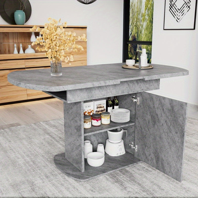 Table de salle à manger ovale extensible - 110/130x70x75cm avec étagères de rangement, design minimaliste moderne et économiseur d'espace en apparence de béton, idéal pour le café et les loisirs, solution de salle à manger polyvalente | Design de table m