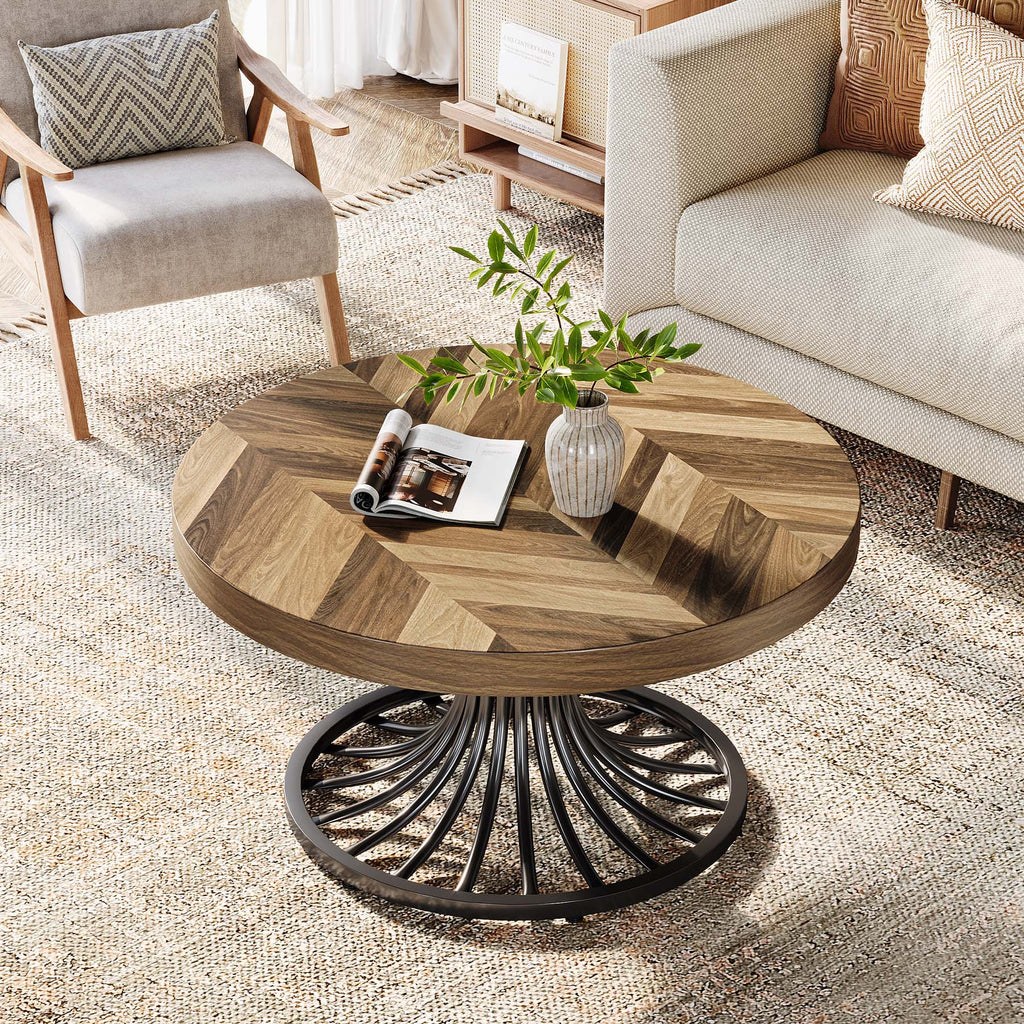Table basse ronde de 80,01 cm avec pied métallique élégant - Table centrale en bois industriel avec accent en bois pour les petits espaces, le bureau à domicile, brun rustique et noir, conception peu encombrante, dessus en bois de construction, assemblag