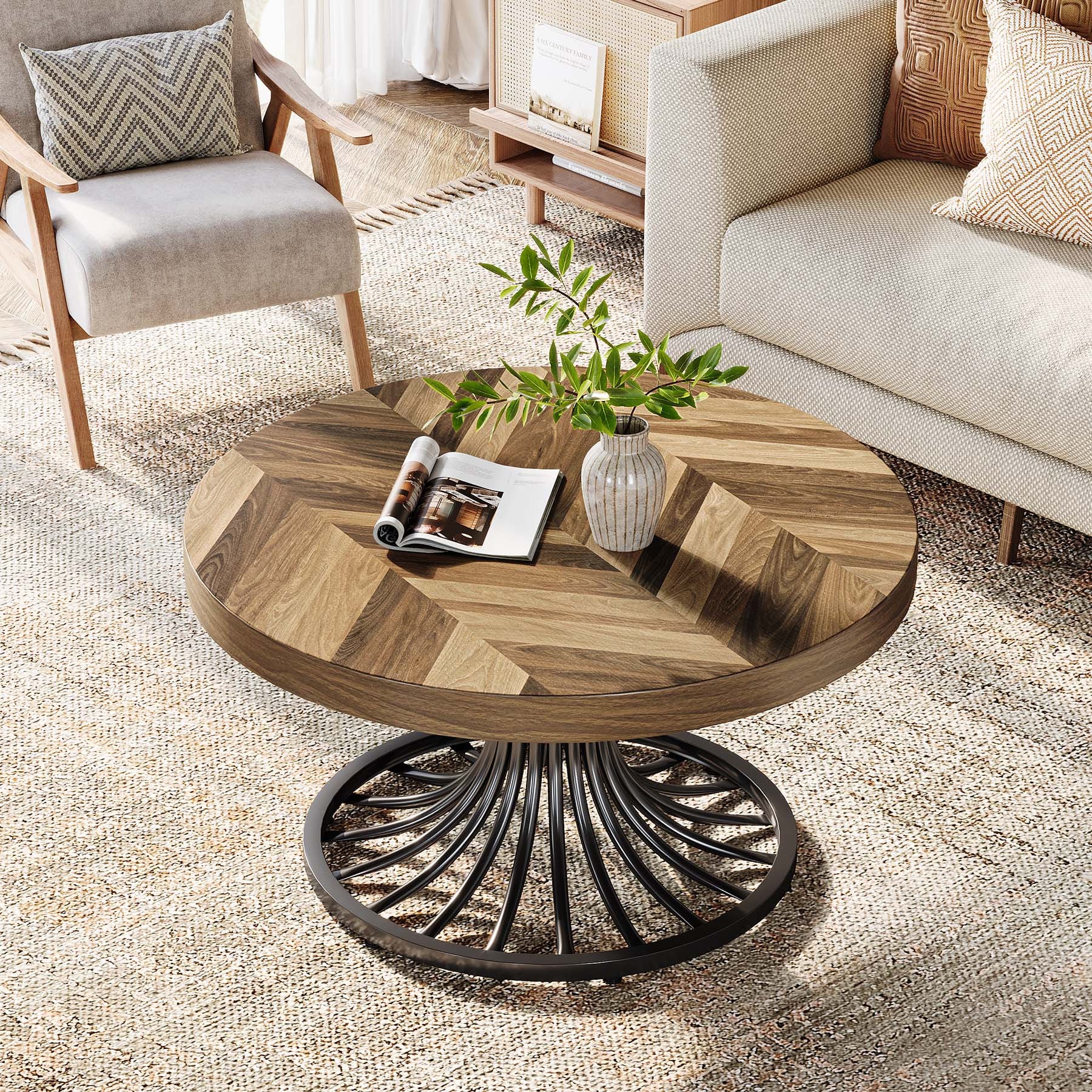 Table basse ronde de 80,01 cm avec pied métallique élégant - Table centrale en bois industriel avec accent en bois pour les petits espaces, le bureau à domicile, brun rustique et noir, conception peu encombrante, dessus en bois de construction, assemblag