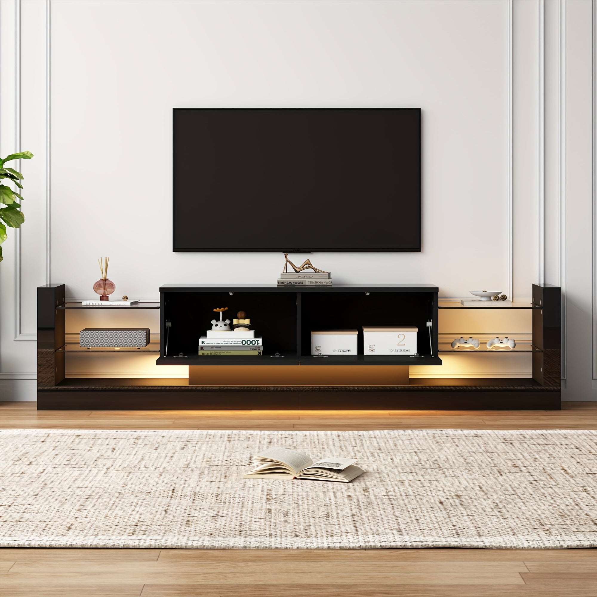 Meuble TV, 181 cm, pour téléviseurs jusqu'à 80", deux tiroirs pliants, Console Média,Centre de Divertissement,Unité de Divertissement Élégante,Conception Économiseuse d'Espace,Cadre Léger,Stockage Média,Meuble TV avec rangement,Vie en Petit Espace