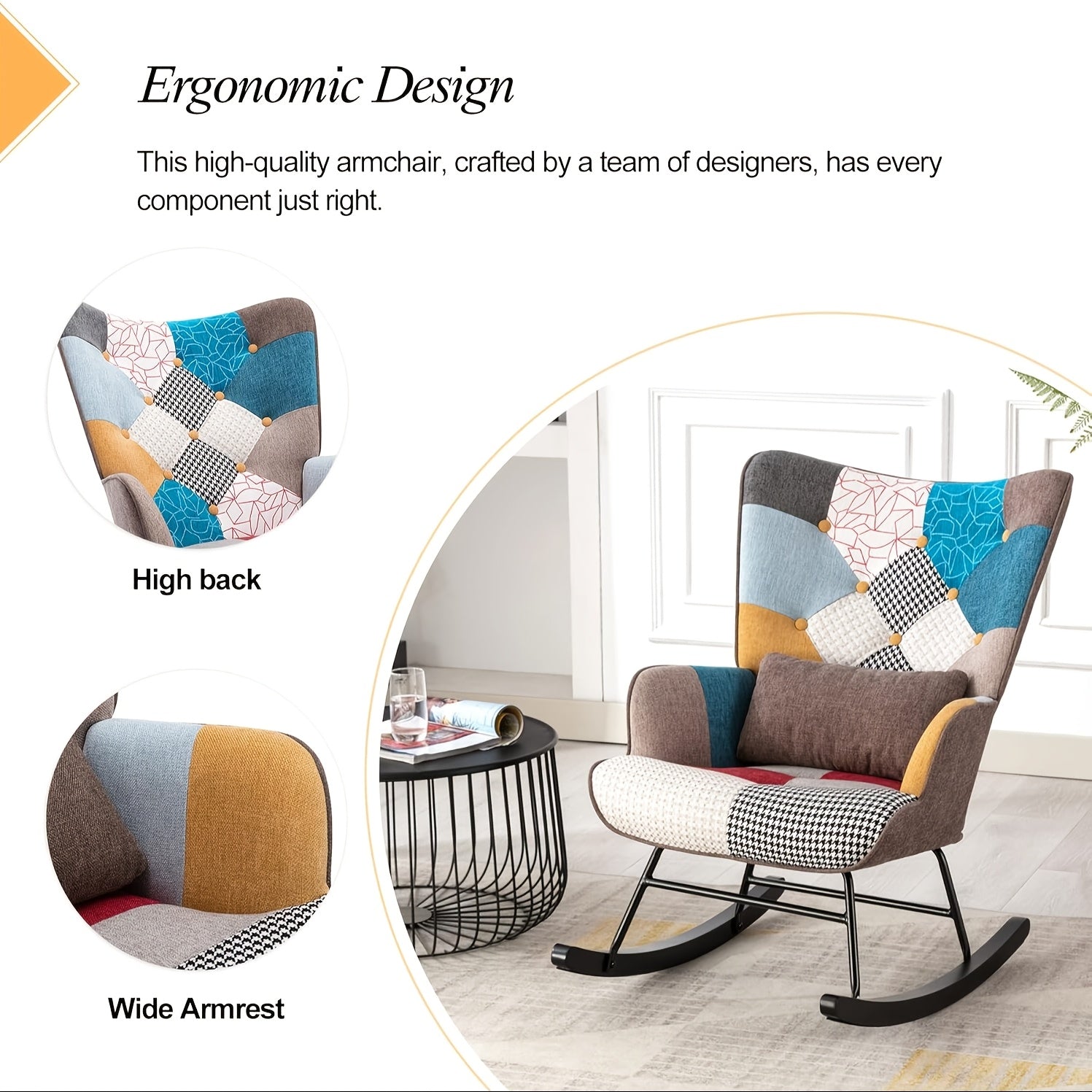 Fauteuil à Bascule Patchwork avec Cadre Métallique et Base en Bois, Chaise Balançoire Fauteuil de Détente Vintage pour Salon ou Bureau Réception Scandinave Marron, Meubles pour la Maison,Mobilier de Salon, Sièges de Salon pour la Maison,Fauteuil de Lectu