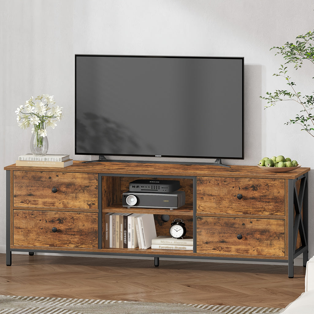 Meuble TV avec 4 tiroirs, support pour télévisions de moins de 65 pouces, 2 compartiments ouverts, 40 x 147 x 50 cm, meuble salon/chambre vintage marron noir, Console Média,Meubles Classiques,Rangement Ouvert,Étagère d'exposition,Vie en Appartement,Passi