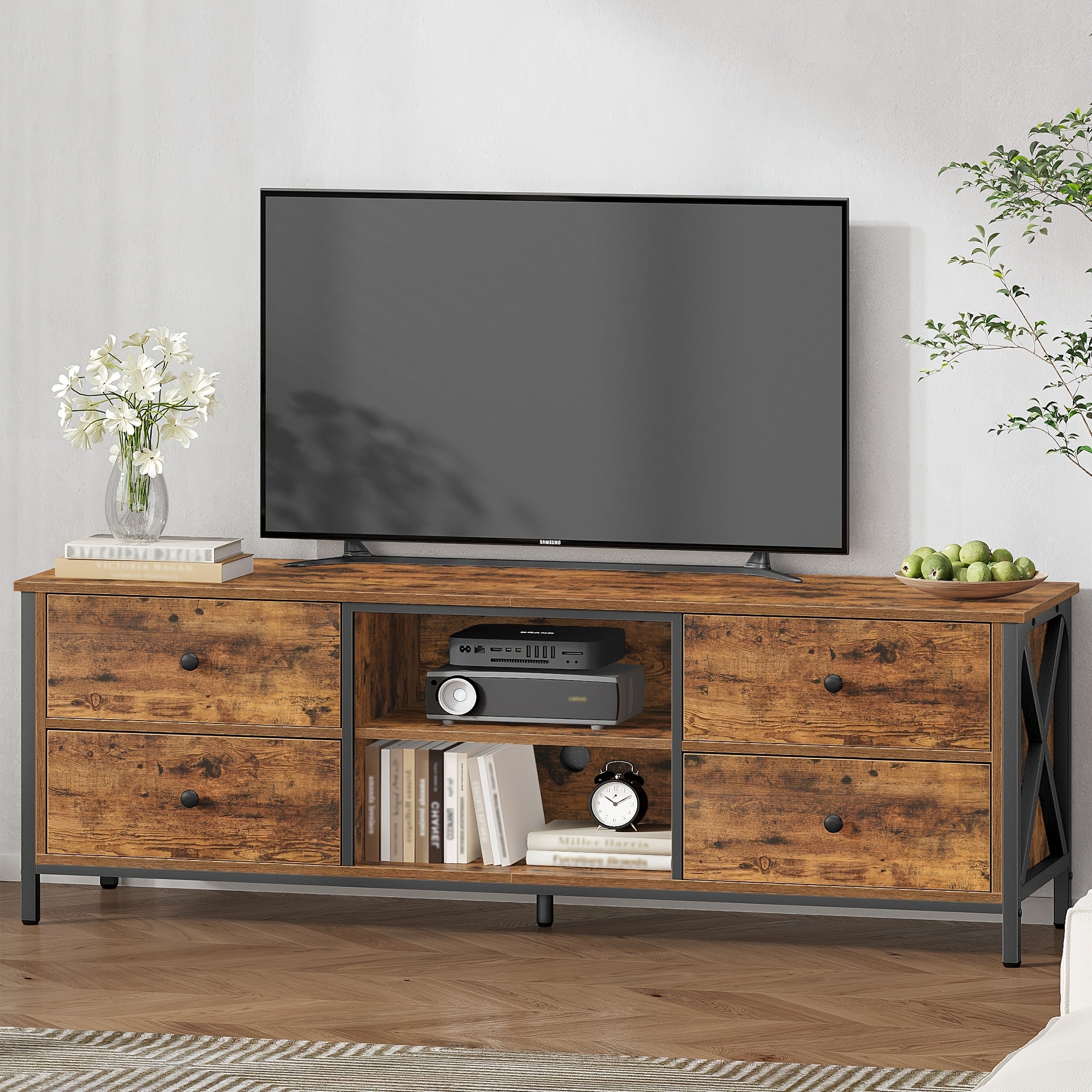 Meuble TV avec 4 tiroirs, support pour télévisions de moins de 65 pouces, 2 compartiments ouverts, 40 x 147 x 50 cm, meuble salon/chambre vintage marron noir, Console Média,Meubles Classiques,Rangement Ouvert,Étagère d'exposition,Vie en Appartement,Passi