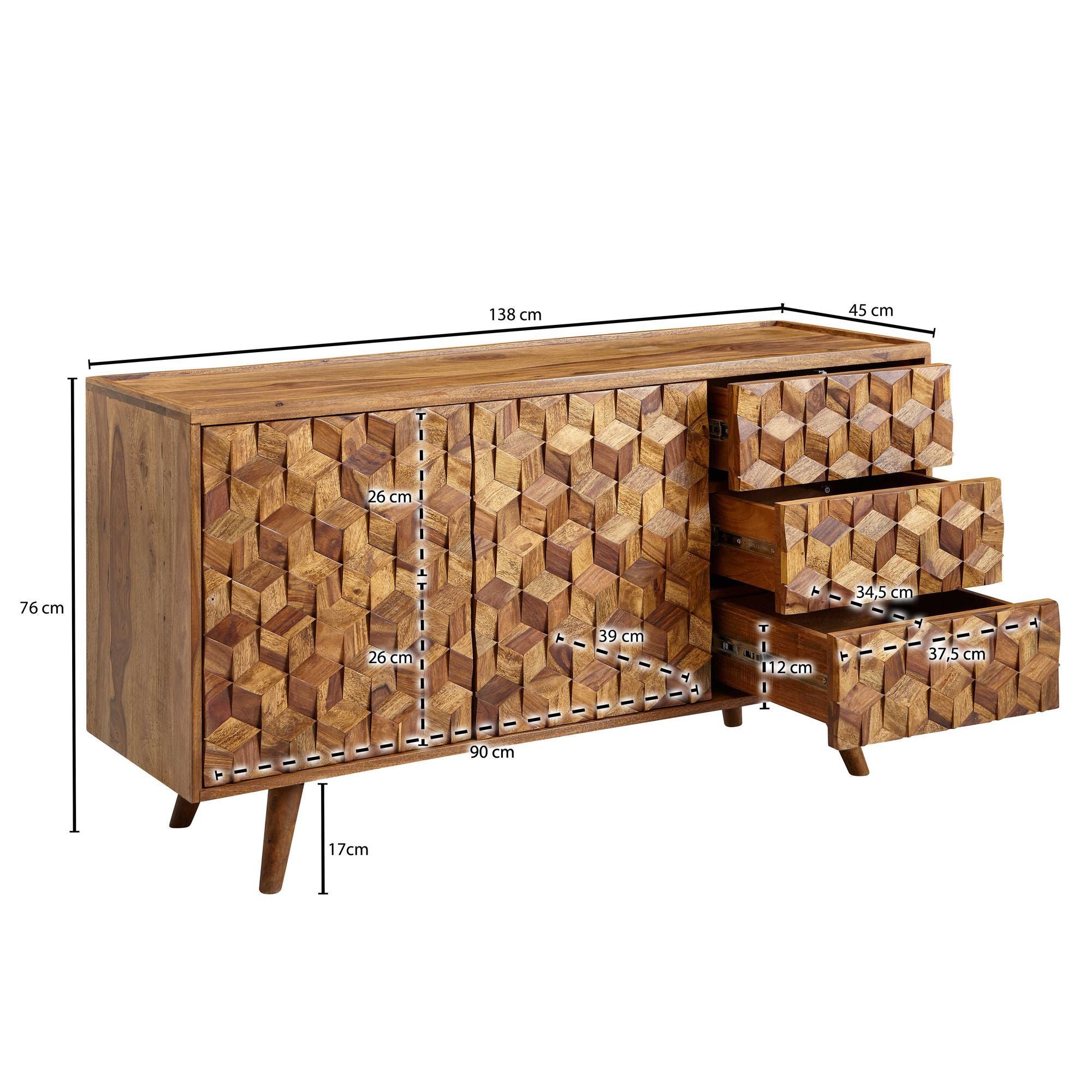 Buffet en Bois Massif 140cm Sheesham Naturel avec 2 Portes & 3 Tiroirs Design Rétro