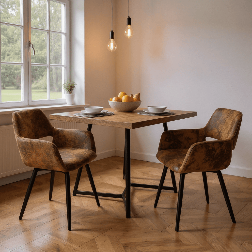 MEUBLE COSY 2 PCS Chaise de Salle à Manger Rétro Industrielle avec Accoudoir, Siège en Suède Confortable, Cadre et Pieds en Métal Robuste pour Mobilier de Maison et Salle à Manger, 56x56x78 cm, Marron